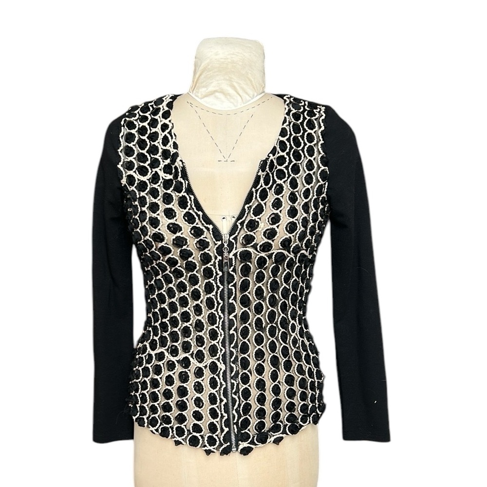 Radzoli Fishnet 3D‎ Black Roses Appliqué Geometric Zip Up Cardigan Top Beauty S